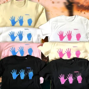 zeigt die T Shirts und Pullover der Violence At Home Collection in allen Farben